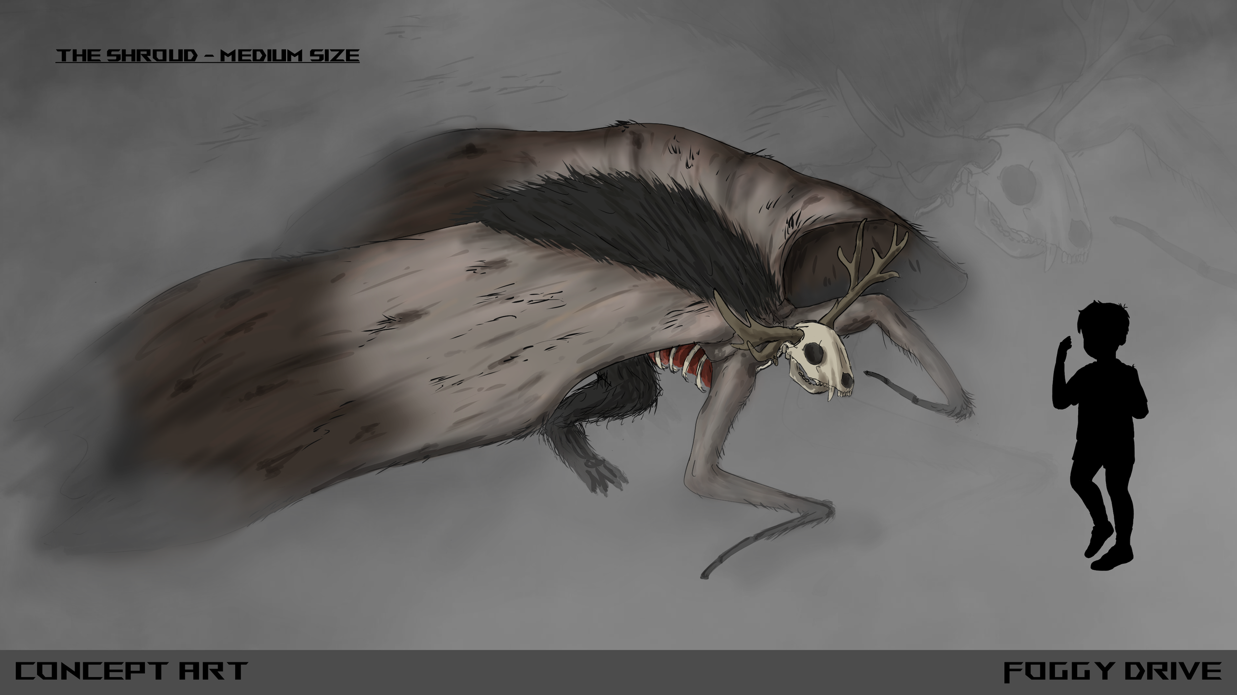 This version blends fog with moth‑dust, allowing the monster to dissolve into the environment. Its visual language draws from scavenger animals like deer and raccoons — bright eyes in the dark, innocence turned uncanny. All are creatures native to 19
