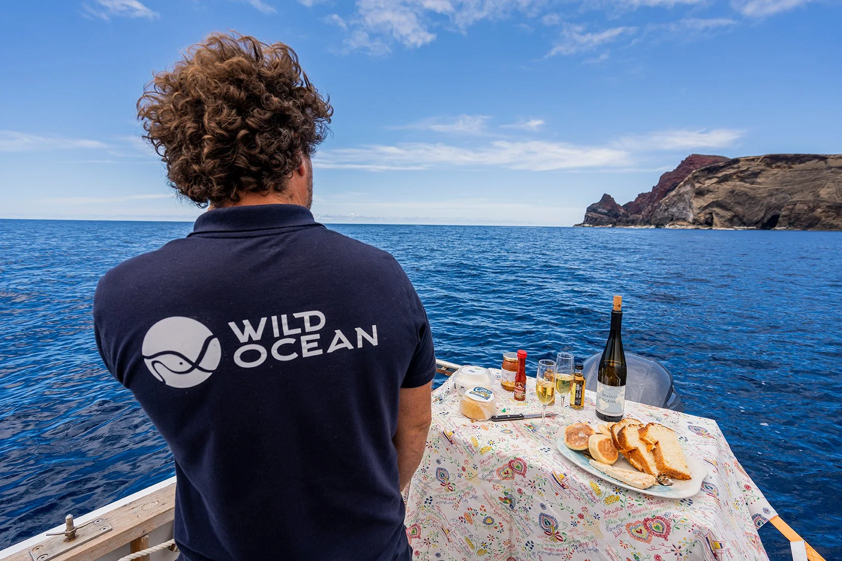 Pessoa com cabelo cacheado de costas, usando uma camiseta com o Logo 'Wild Ocean', observando uma mesa de piquenique ao ar livre com vista para o mar azul, com pão, vinho, molhos e queijos, em uma paisagem costeira com rochas ao fundo.