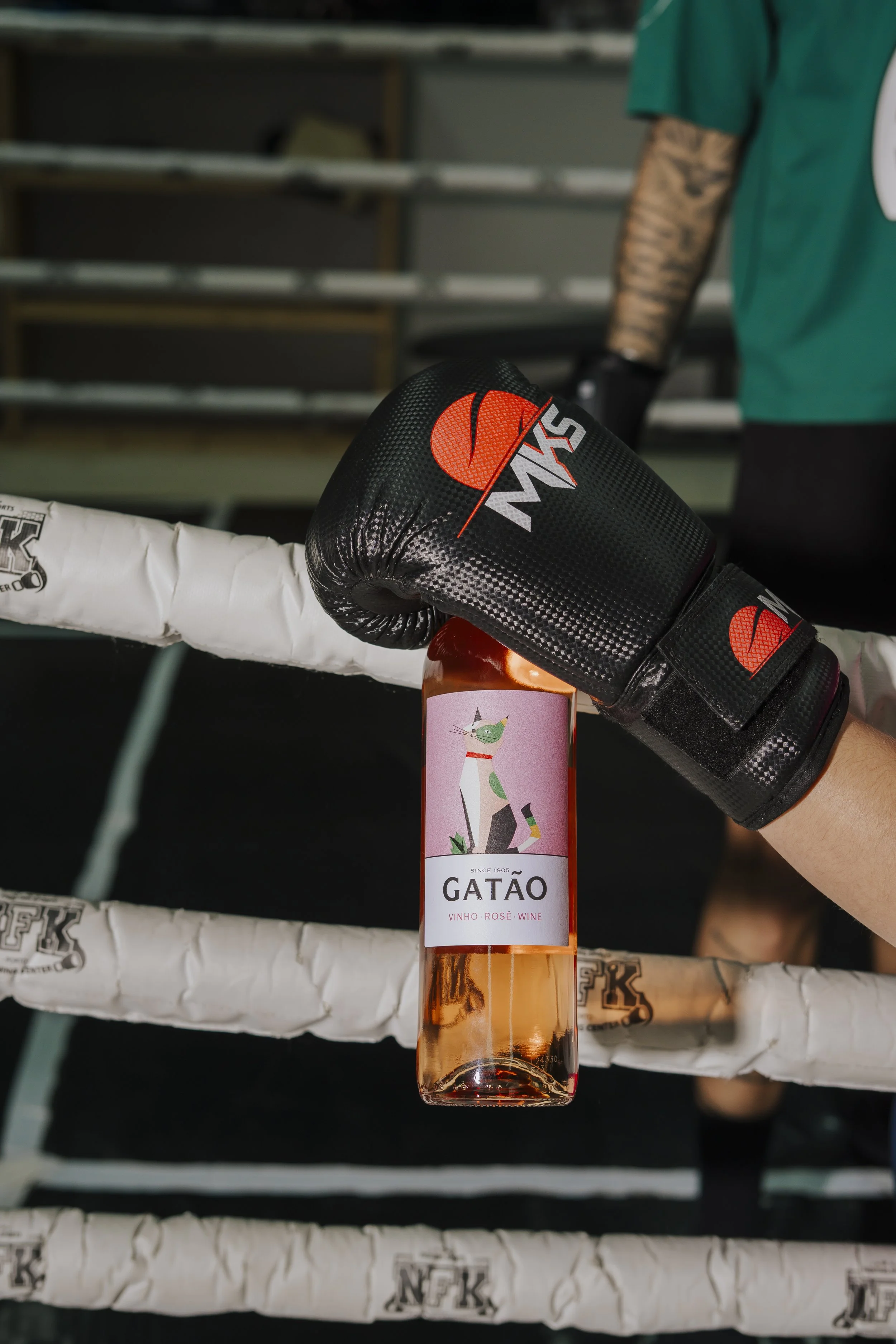 Mão usando luva de boxe preta segurando uma garrafa de vinho rosé chamada 'GATÃO' dentro de um ringue de boxe com cordas brancas.