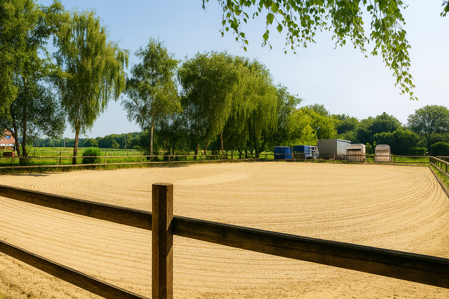 Ein Sandreitplatz im Freien, umgeben von grünen Bäumen und einer Holzzäune, bei sonnigem Himmel.