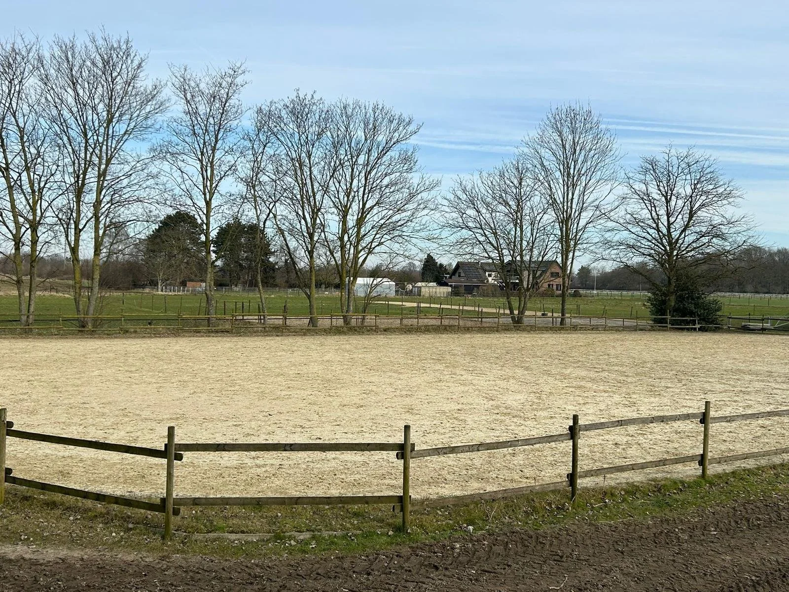 Blick auf einen eingezäunten Sandplatz, im Hintergrund Bäume und ein Haus, an einem bedeckten Himmel.