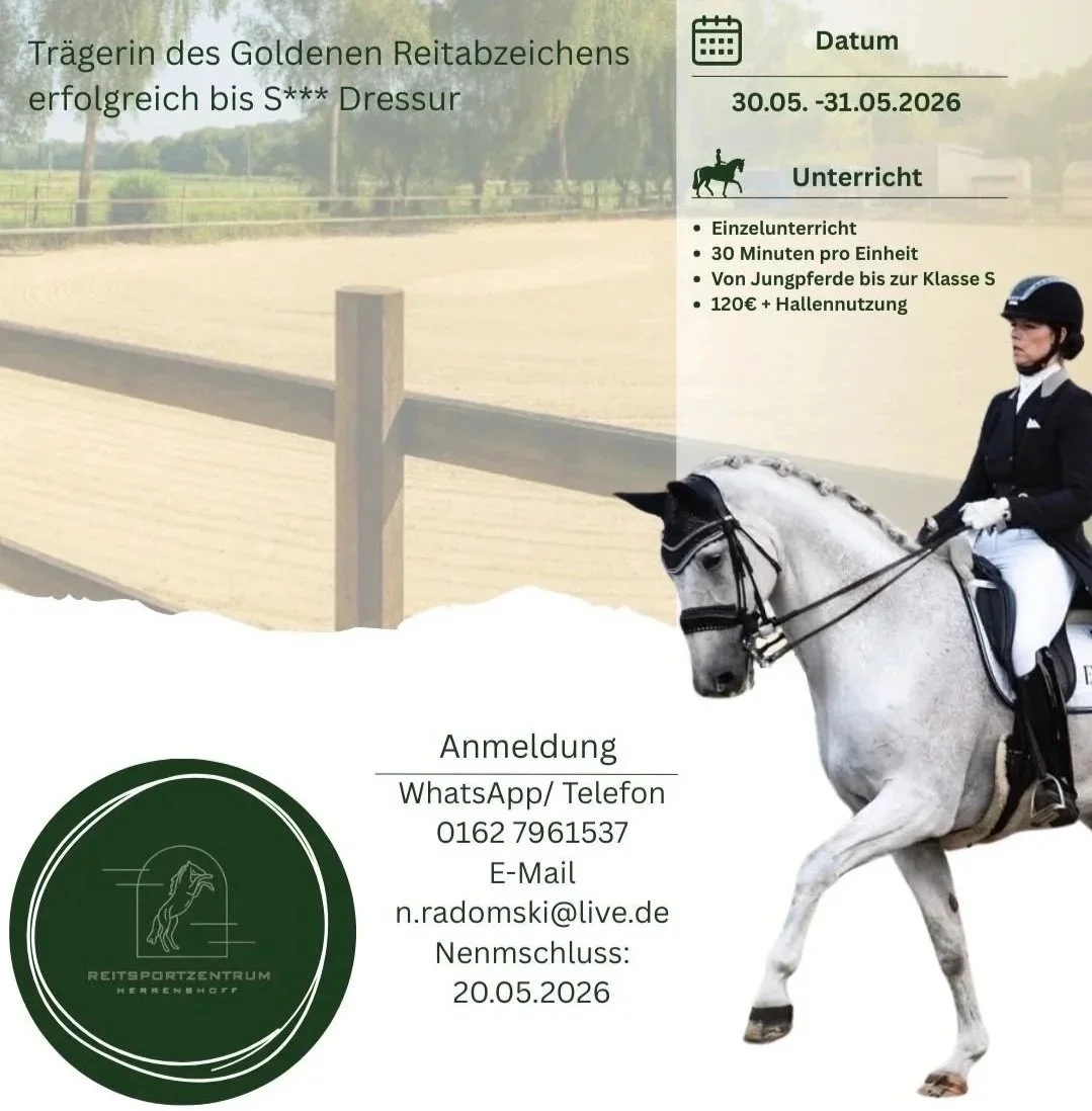 Ein Plakat für Reitunterricht am Reitsportzentrum Mehrenhnhof. Es zeigt einen Reiter auf einem weißen Pferd und enthält Informationen zu Kurszeiten, Preisen und Kontakt. Das Datum der Anmeldung ist der 20.05.2026.
