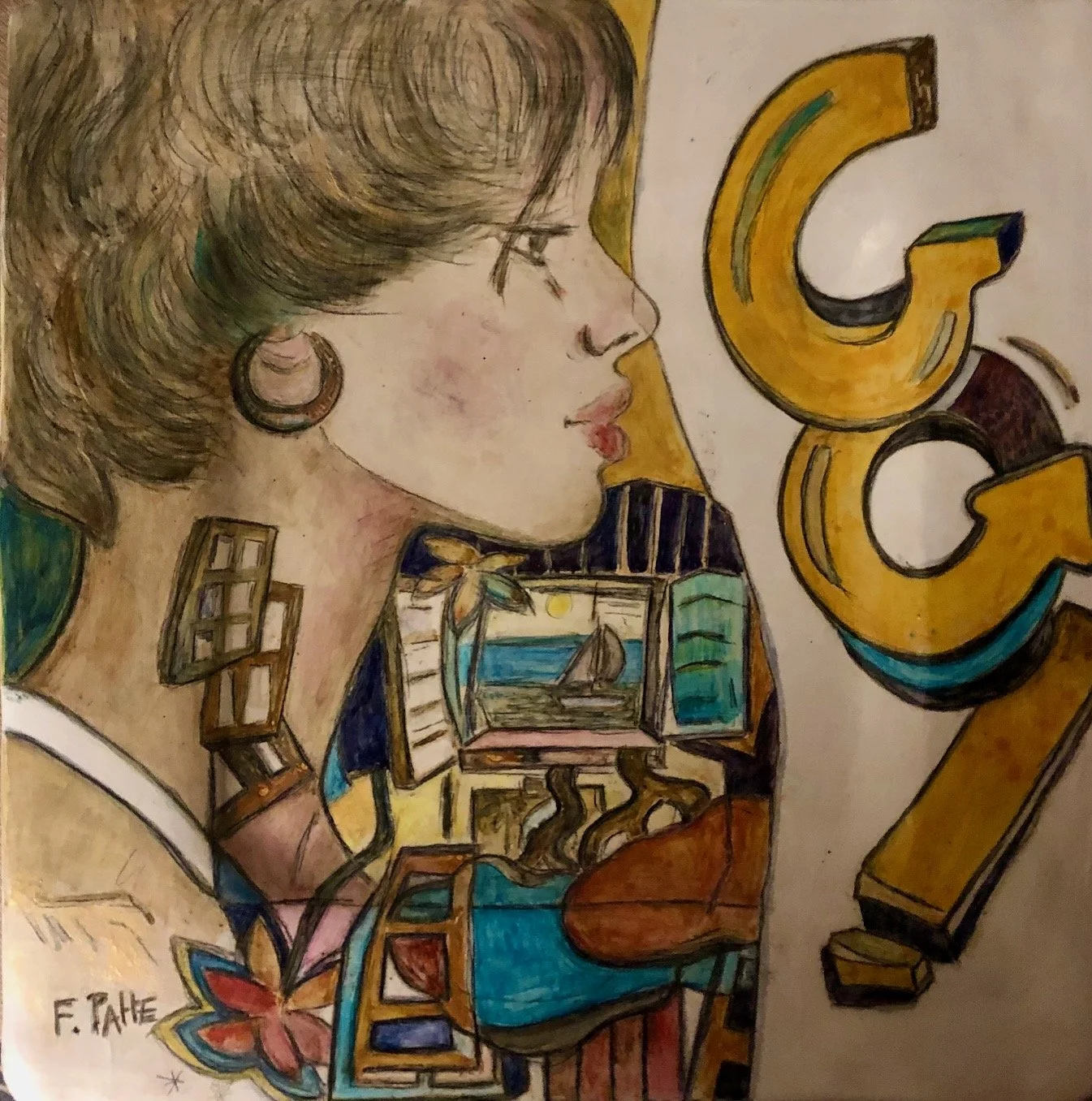 Grand plat carré, thème"Graf", 34 x 34 , terre cuite émaillée, pièce unique.