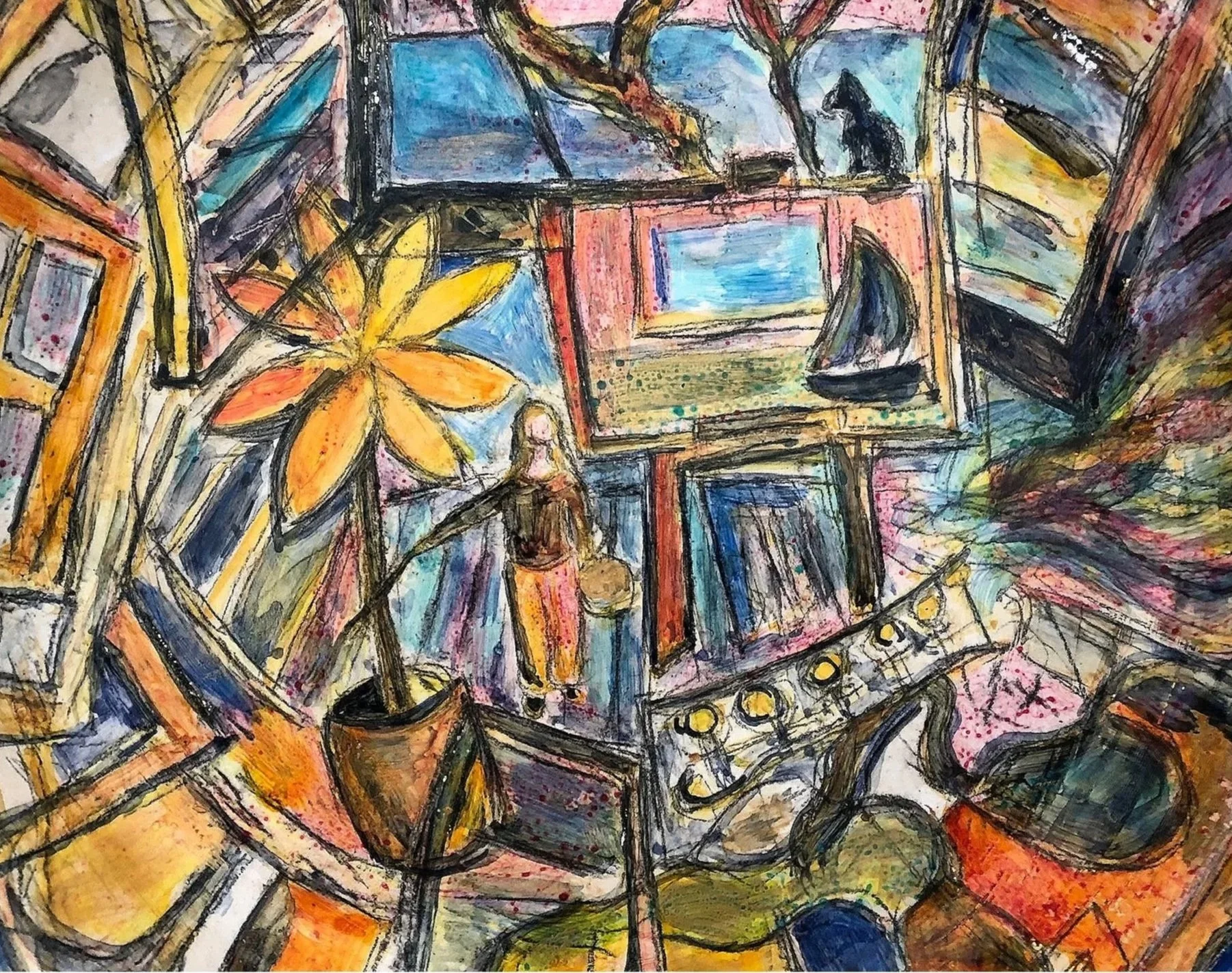 Une peinture abstraite représentant un intérieur coloré avec un lampadaire, une plante en pot, des cadres, une statue, une guitare, un bateau miniature, des lampes et un tableau avec un paysage.