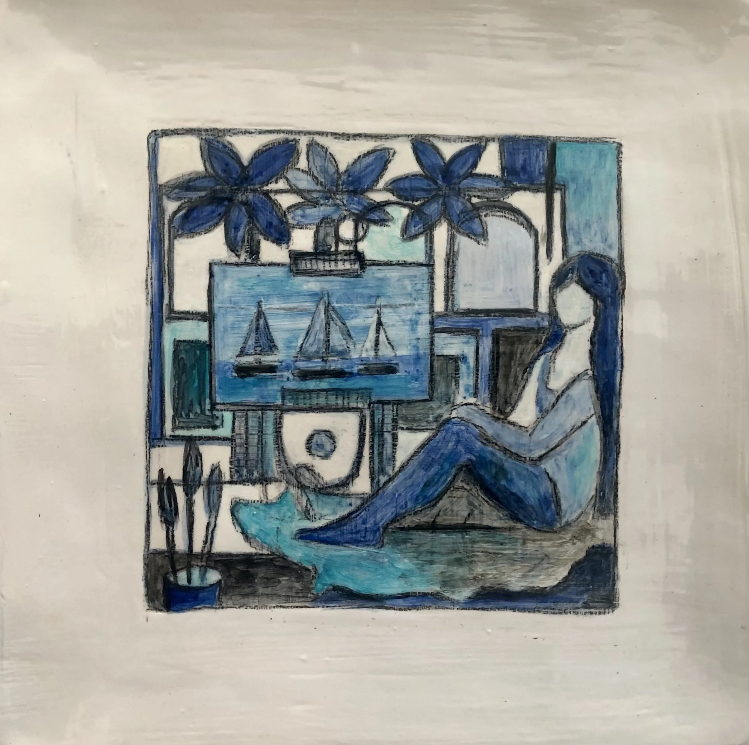 Atelier bleu : série de 4 assiettes 16 x16 - pièces uniques , terre cuite émaillée avec signature et cachet au dos - 2/4