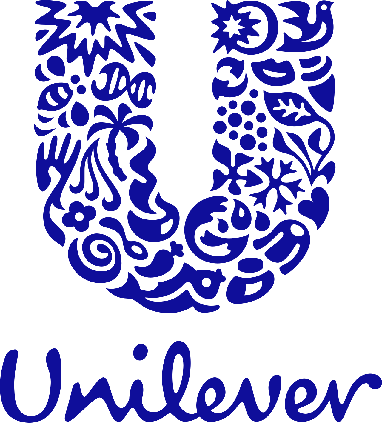 Stylized blue and black logo with a circular floral and abstract design forming a U shape and the word 'Umilever' written below.