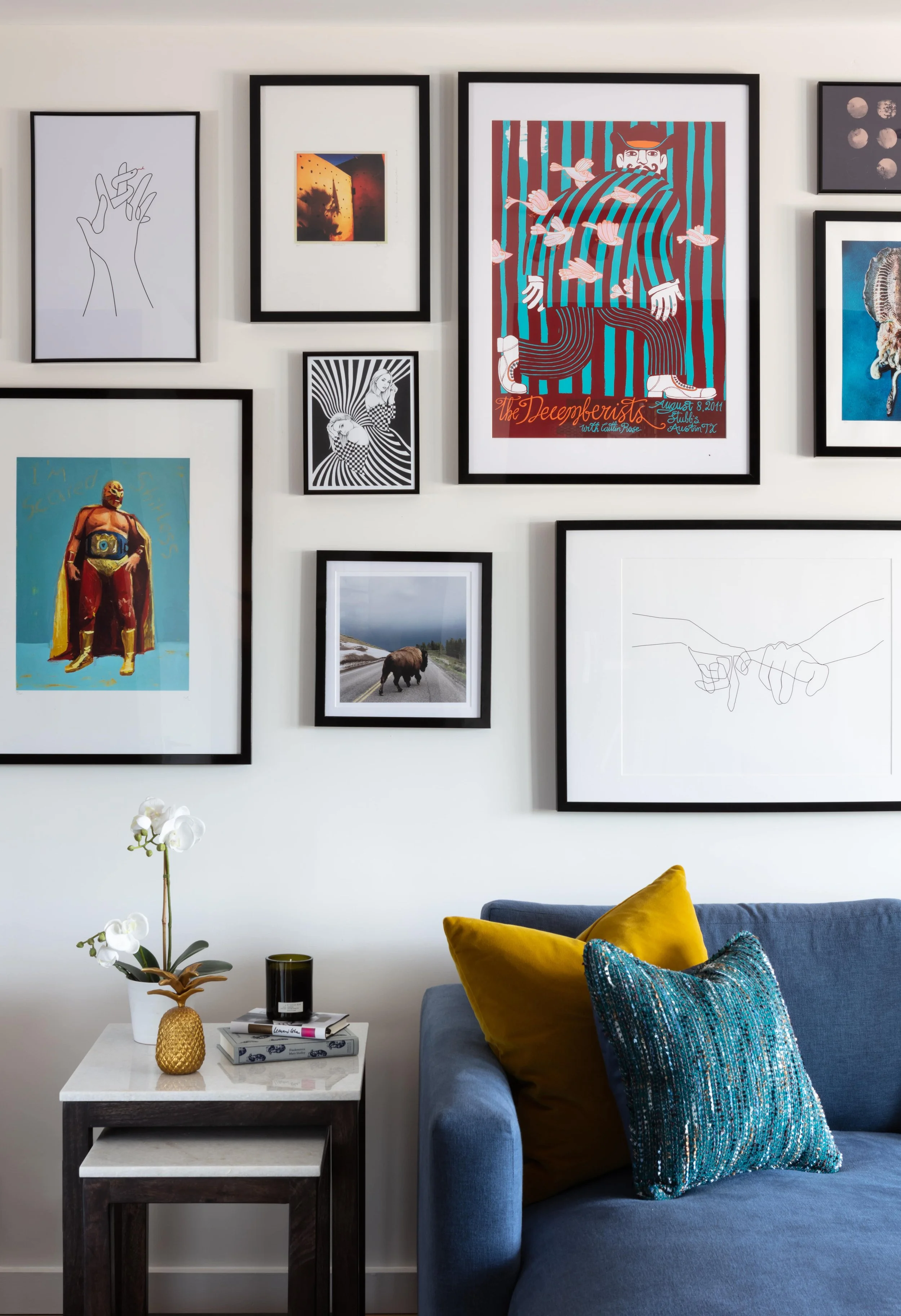 Gallery wall art in luxury interior designed flat in Kentish town north London
