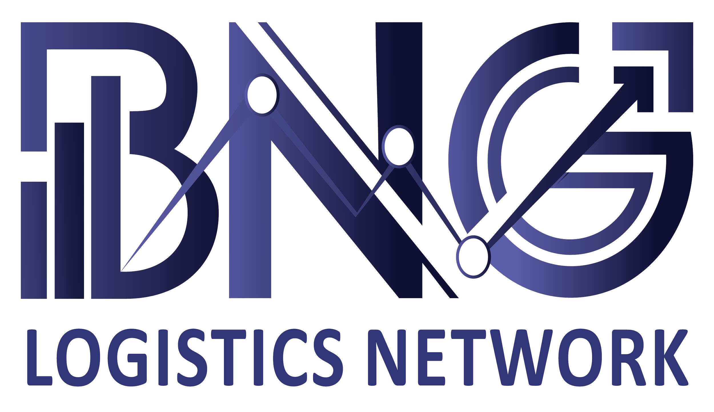 Logistics Network logo with interconnected letters LOGISTICS, featuring arrows and circular elements in navy blue and white.