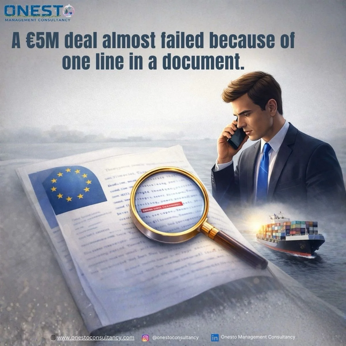 A &euro;5M deal almost failed because of one line in a document.

Not price.
Not quality.
Not logistics.

Just one misunderstood clause.

It was caught before shipment.
The structure was corrected.
The deal went through.

No delays.
No penalties.
No 