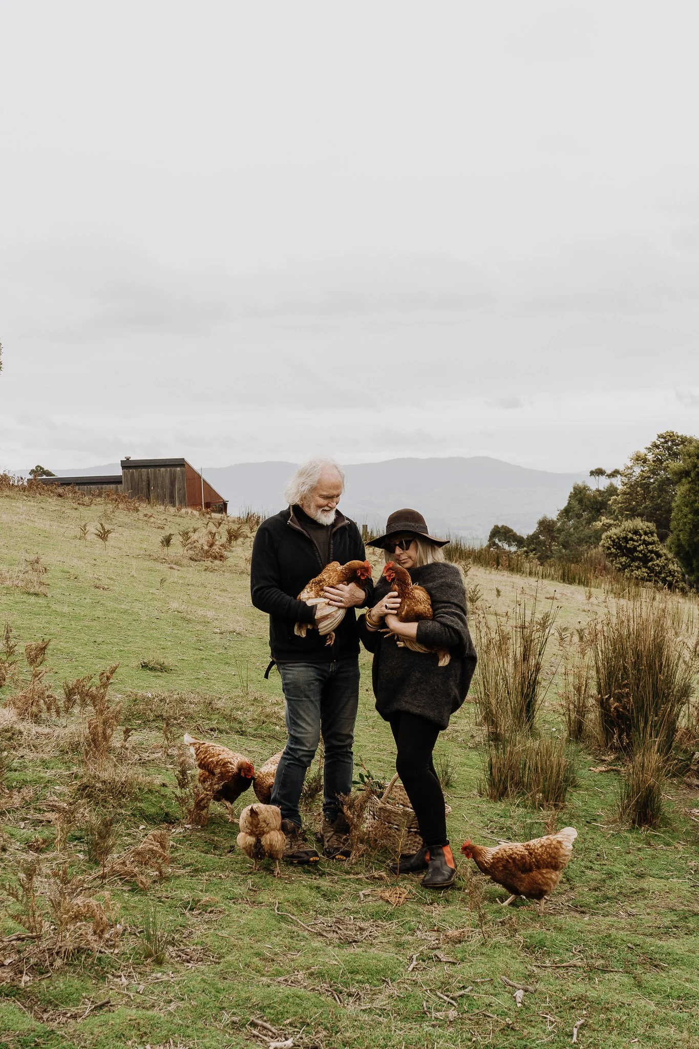 Two people standing outdoors on a grassy field, each holding chickens, with additional chickens around their feet. The scene features a rural landscape with a building, trees, and hills in the background under a cloudy sky.