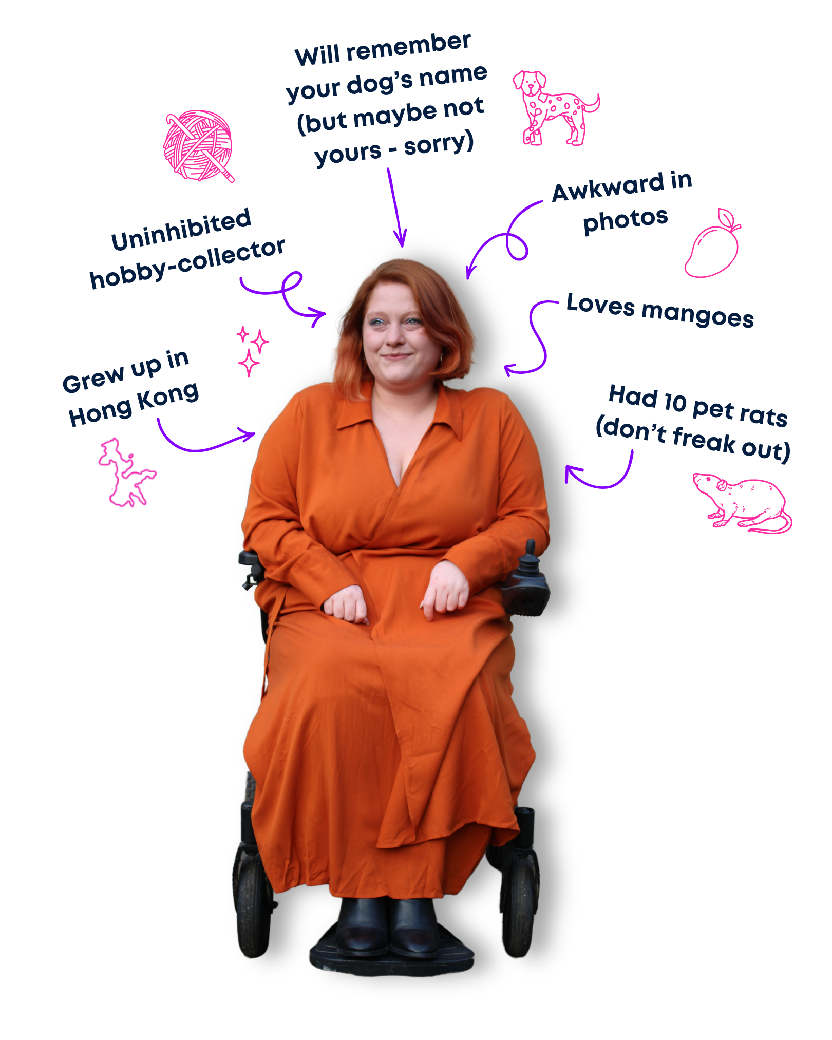 A woman with shoulder-length red hair wearing an orange dress sitting in a wheelchair with a black control joystick.