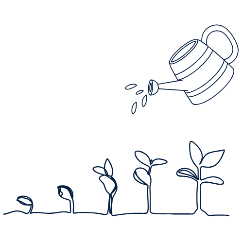 Illustration of a watering can pouring water onto small sprouting plants, representing growth.