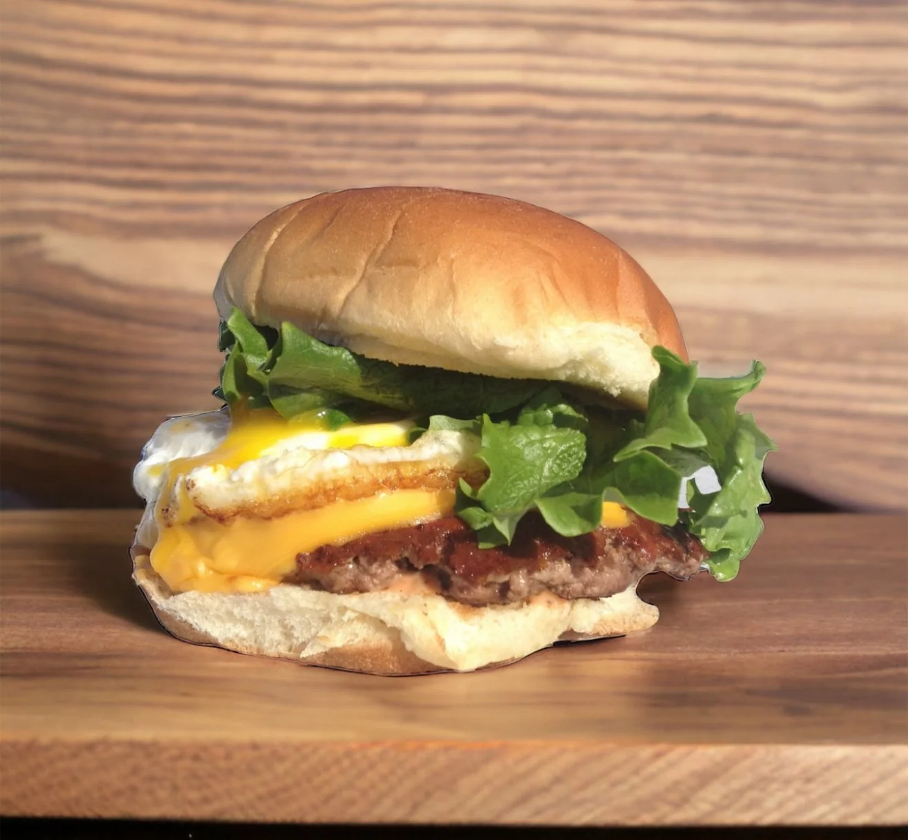 A cheeseburger with a fried egg, lettuce, cheese, and a beef patty in a bun on a wooden surface.