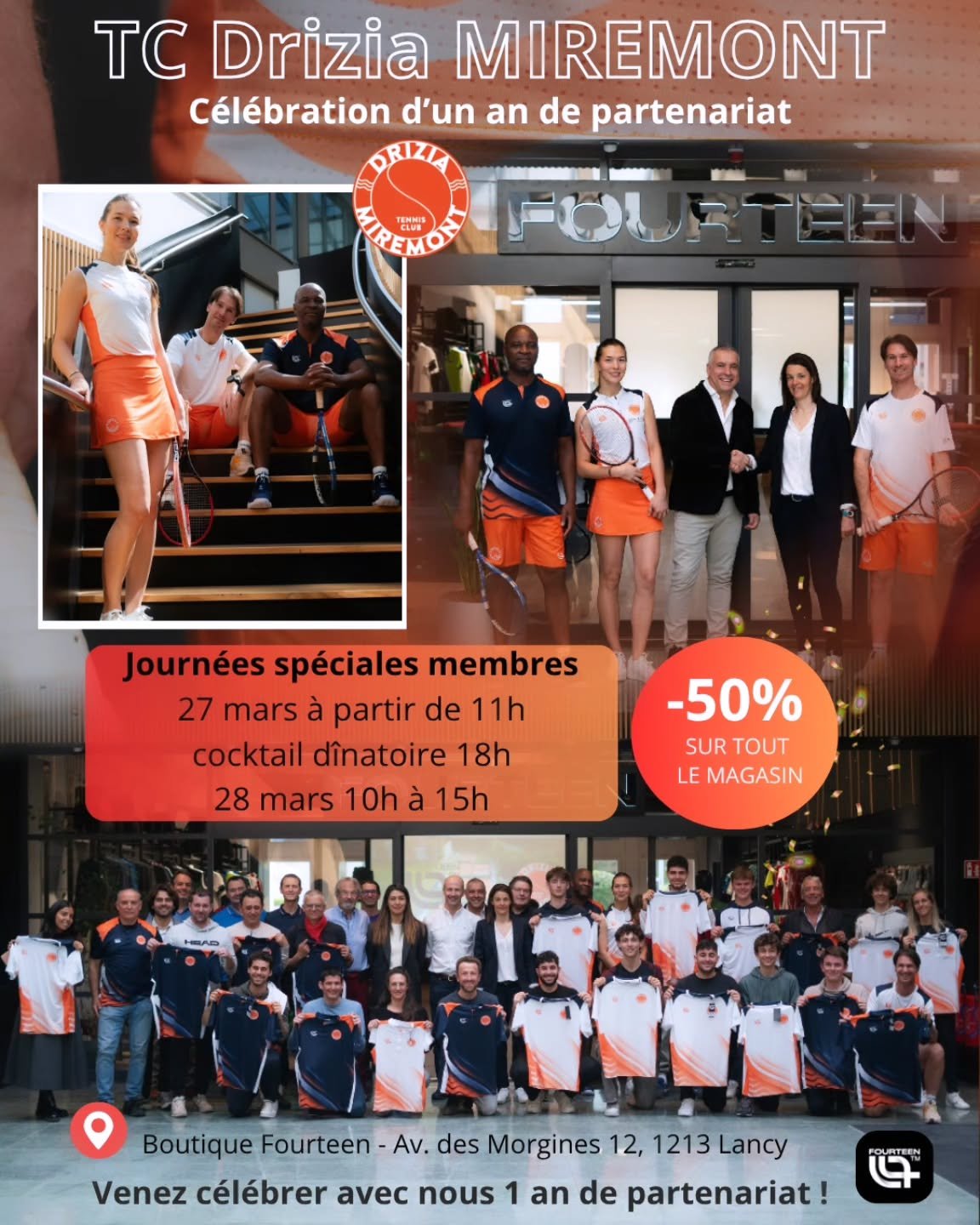 Le TC Drizia Miremont et Fourteen vous invitent &agrave; c&eacute;l&eacute;brer ensemble cette belle ann&eacute;e de collaboration 🤝

📅 Journ&eacute;es sp&eacute;ciales membres :
➡️ 27 mars d&egrave;s 11h
🥂 Cocktail d&icirc;natoire &agrave; 18h
➡️