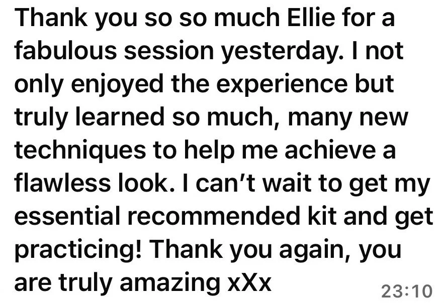 Screenshot of a text message expressing gratitude for a fabulous session, mentioning learning new techniques, and eagerness to get an instructional kit.
