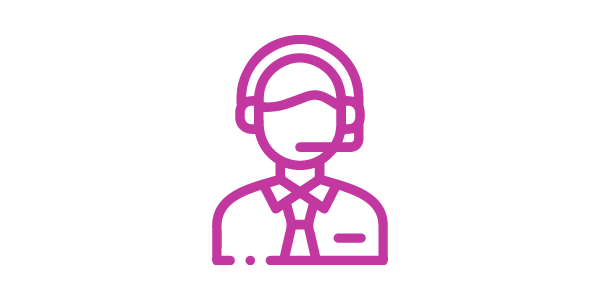 Line drawing of a customer service representative wearing a headset and suit.
