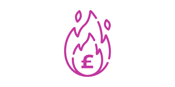 A purple outline of a flame with a British pound symbol inside, and small droplets around the flame.