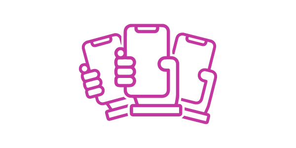 Outline of three smartphones with a hand holding each, drawn with purple neon lines.