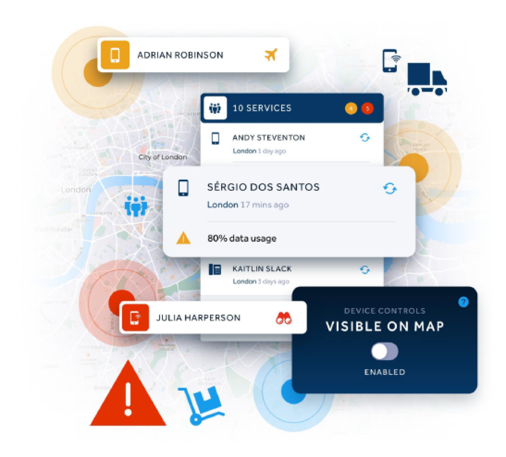 Digital map interface showing user locations, service notifications, data usage warnings, and device control toggle for map visibility in London.