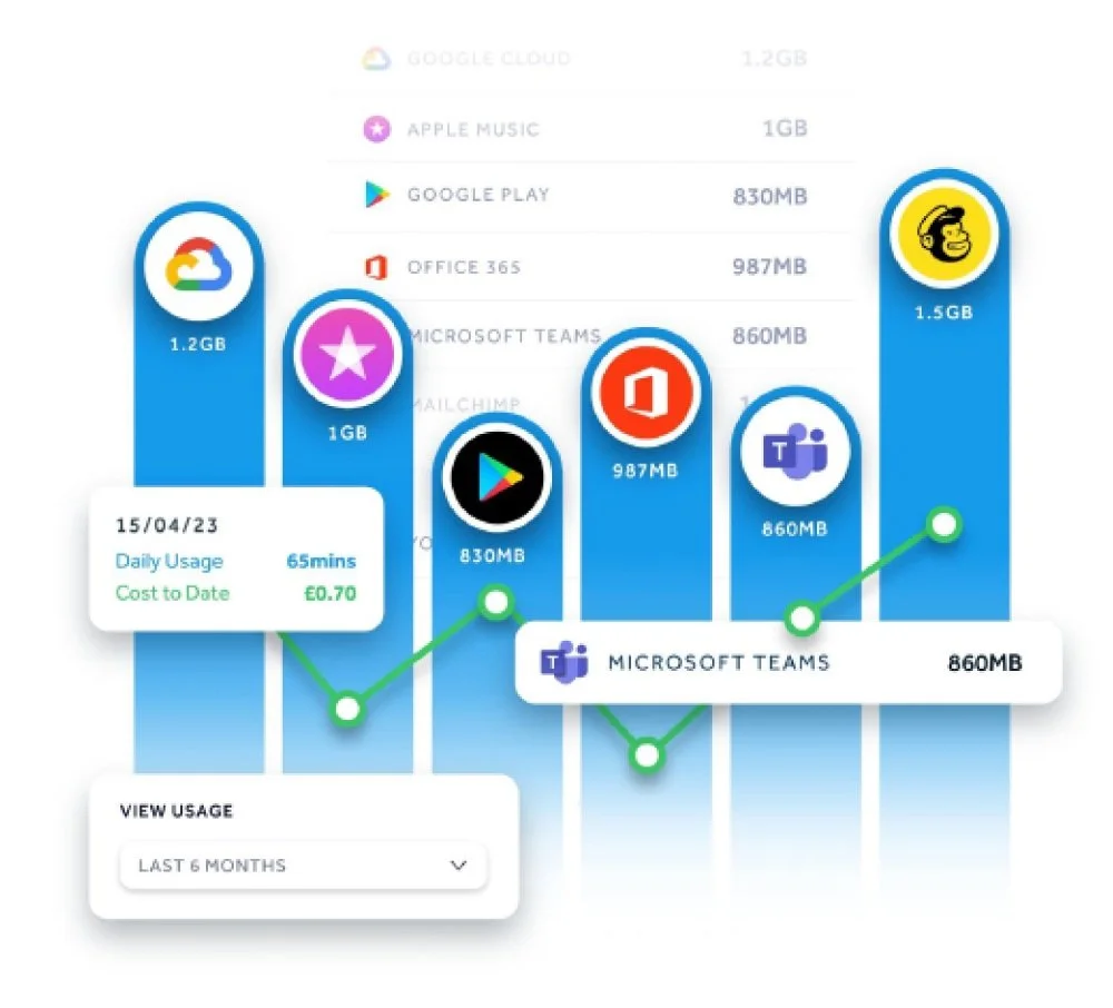 Bar graph showing digital data usage for various services, with icons for Google Cloud, Apple Music, Google Play, Office 365, Microsoft Teams, Mailchimp, and other apps, along with a line graph indicating daily usage in minutes and cost over the last six months.