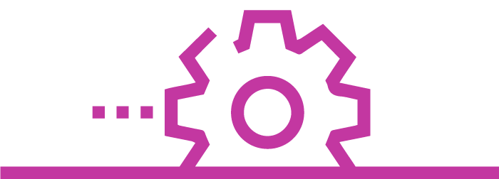 Line art illustration of a gear with a magnifying glass incorporated into it, in purple, symbolizing settings or technical inspection.