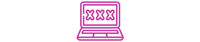 Illustration of a laptop computer with a purple outline and a pink background, displaying three X's on the screen.