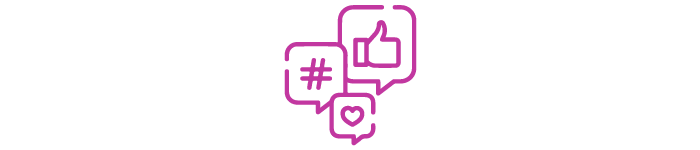 Icons representing social media interaction, including a thumbs-up, hashtag, heart, speech bubble, and comment.