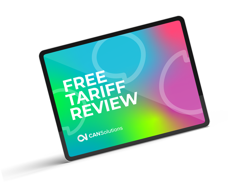 A tablet displaying a colorful screen with the text 'FREE TARIFF REVIEW' and the logo 'CANsolutions' on a black background.