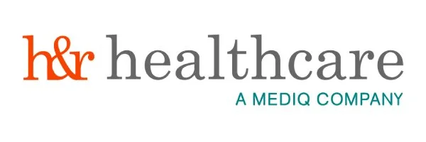 Logo for H&R Healthcare, a MEDIQ company, featuring stylized 'H&R' in orange and 'healthcare' in gray text with a tagline in teal.