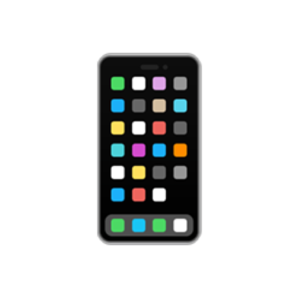 Smartphone with a grid of colorful app icons on a black background, partially overlapping a gray device or surface.