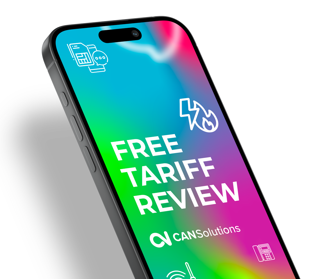 Smartphone screen displaying a colorful background with white text that reads 'Free Tariff Review' and icons for a calculator, fire, and communication.