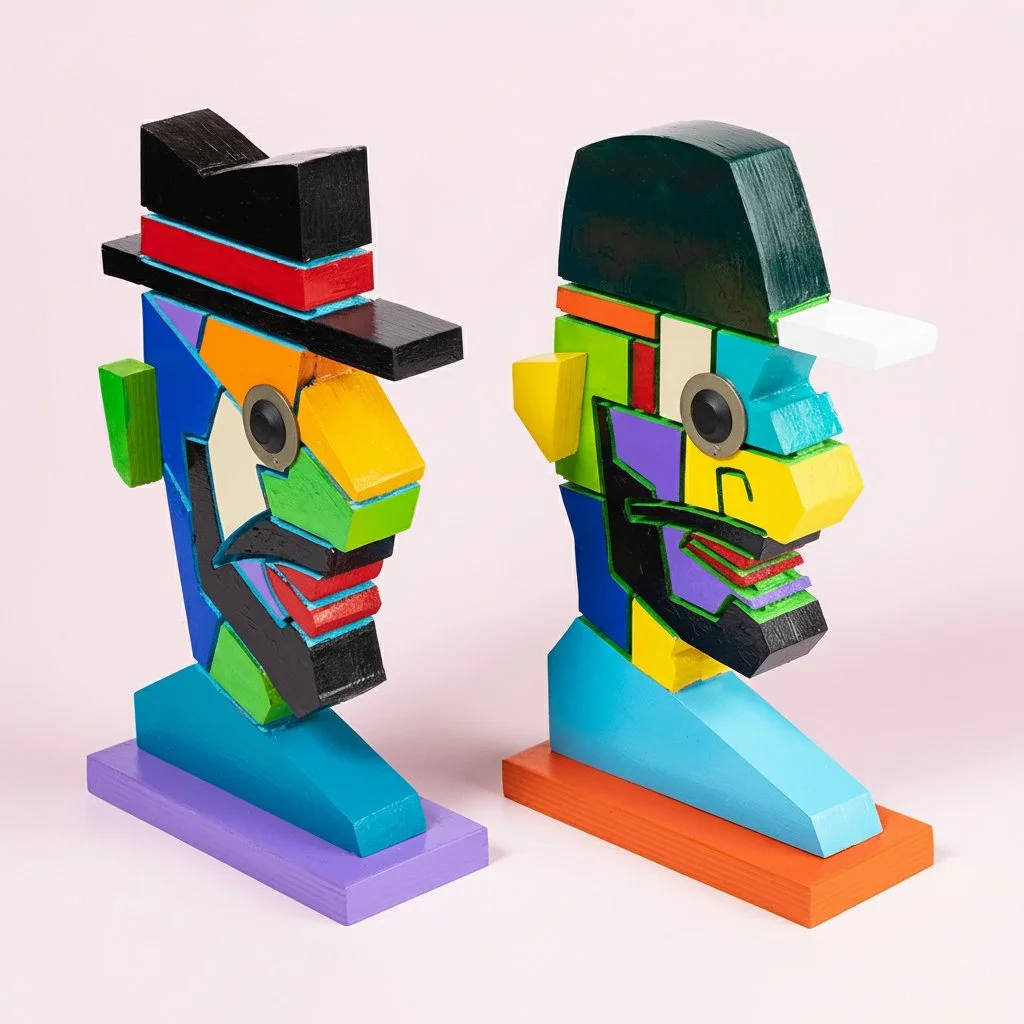 Two colorful abstract sculptures resembling human heads with various geometric shapes and bright colors on light background.