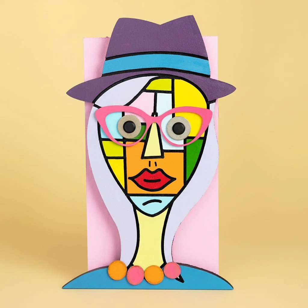 Colorful, abstract portrait of a woman with geometric shapes, wearing pink glasses, a purple hat, and a necklace with pink and orange beads, set against a pastel background.