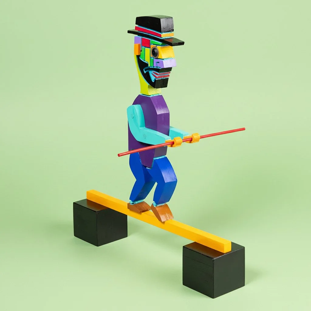 Colorful abstract sculpture of a man walking a tightrope, wearing a hat and holding a stick, with a green background.
