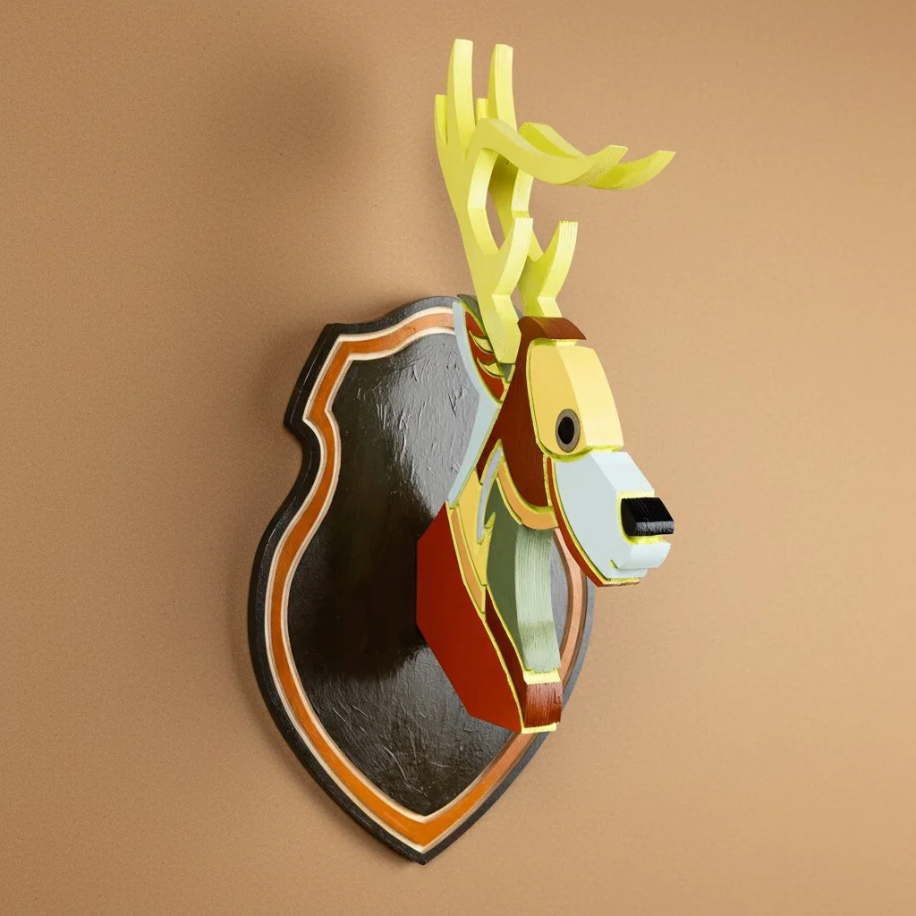 Decorative wall art of a deer mounted on a shield-shaped plaque, with a stylized geometric design, in yellow, brown, black, and white colors.