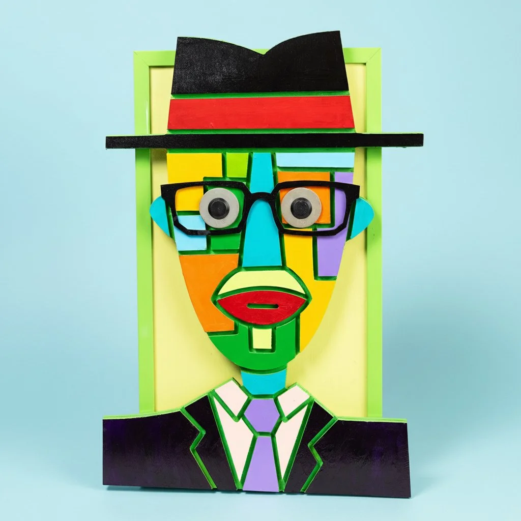 Colorful abstract art piece of a man's face and shoulders made from geometric shapes, with glasses, a hat, and a suit against a light blue background.