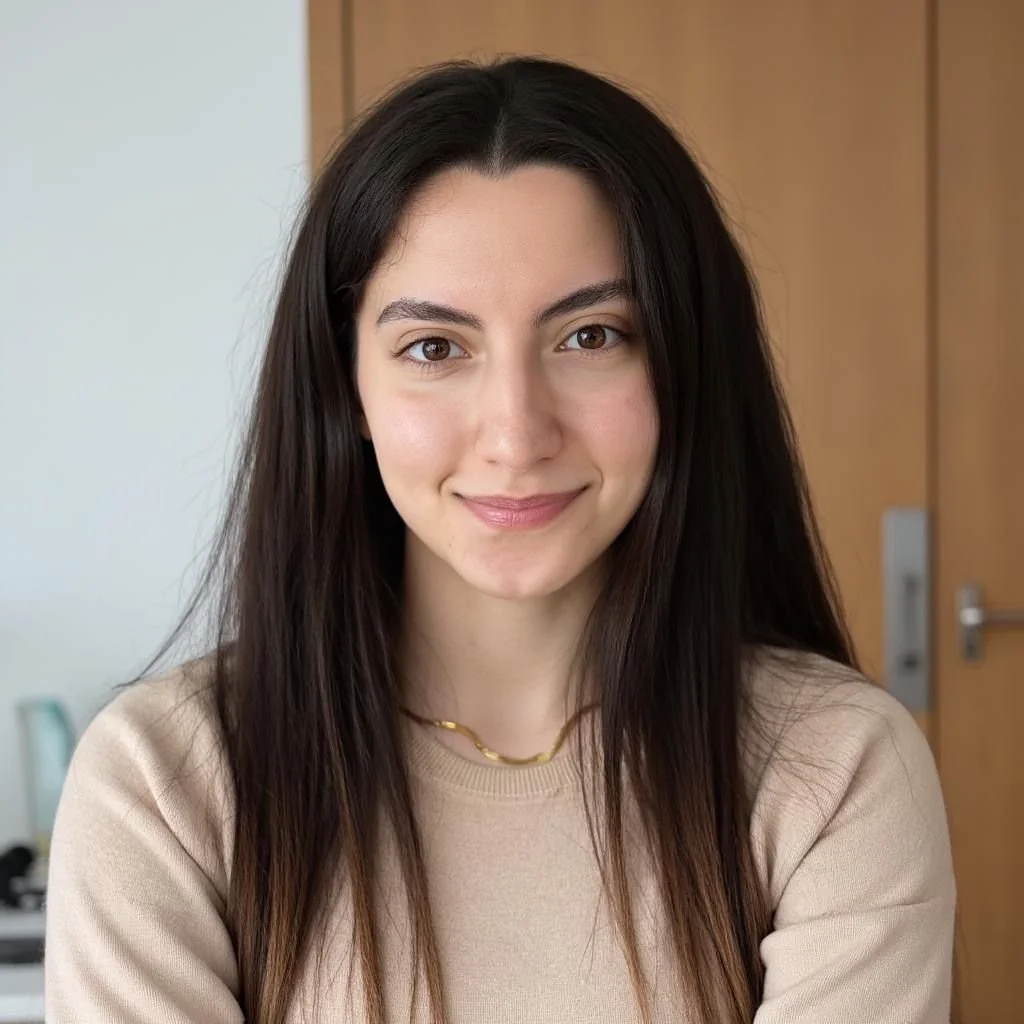 A young woman with long dark hair and a beige top is smiling at the camera indoors, with a wooden door in the background.