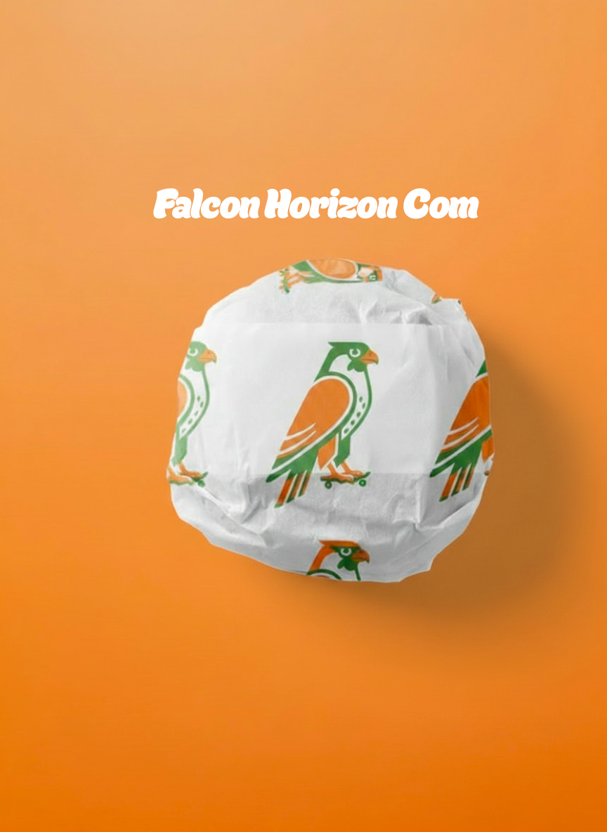 Une balle de tennis enroulée dans un papier de couleur blanche avec un motif de perroquet. Fond orange dégradé. Texte en blanc : Falcon Horizon Com.