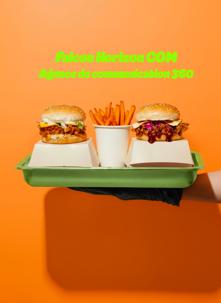 Un plateau avec deux burgers, un cornet de frites, et un verre de boisson, avec un fond orange et un texte en vert vif mentionnant "Falcon Horizon COM Agence de communication 360".