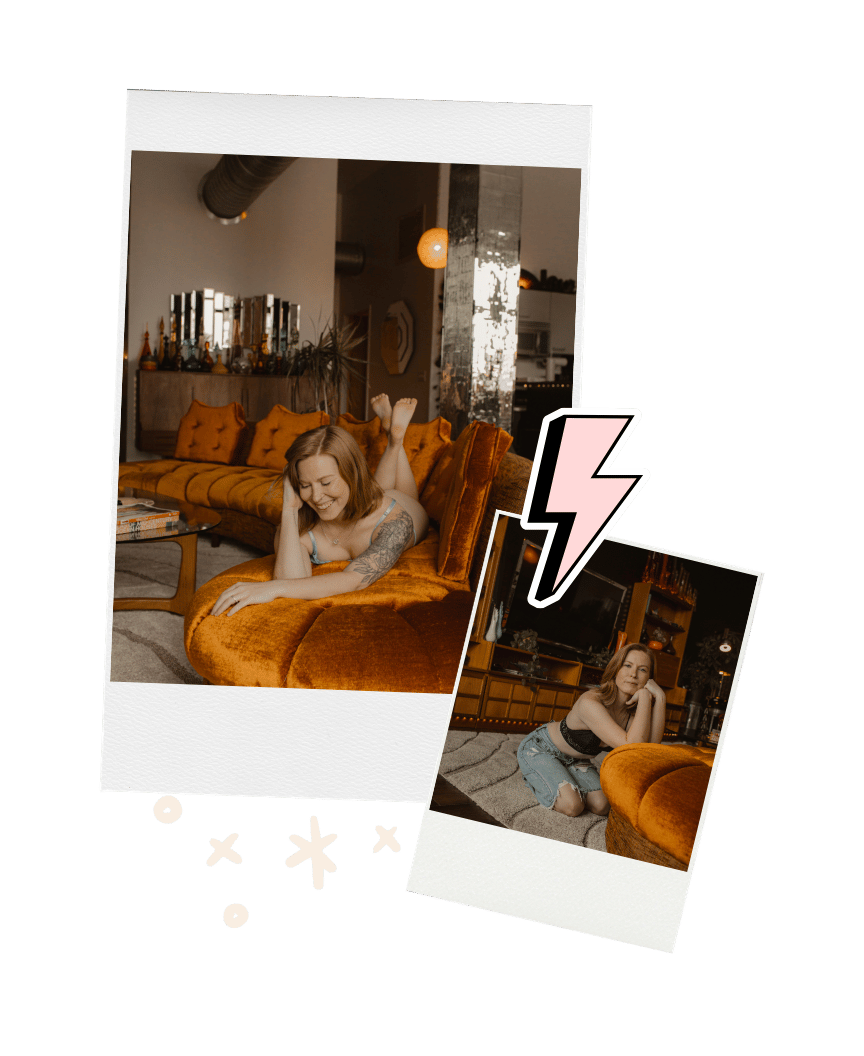 kierstin sellers boudoir photoshoot laying on orange couch 