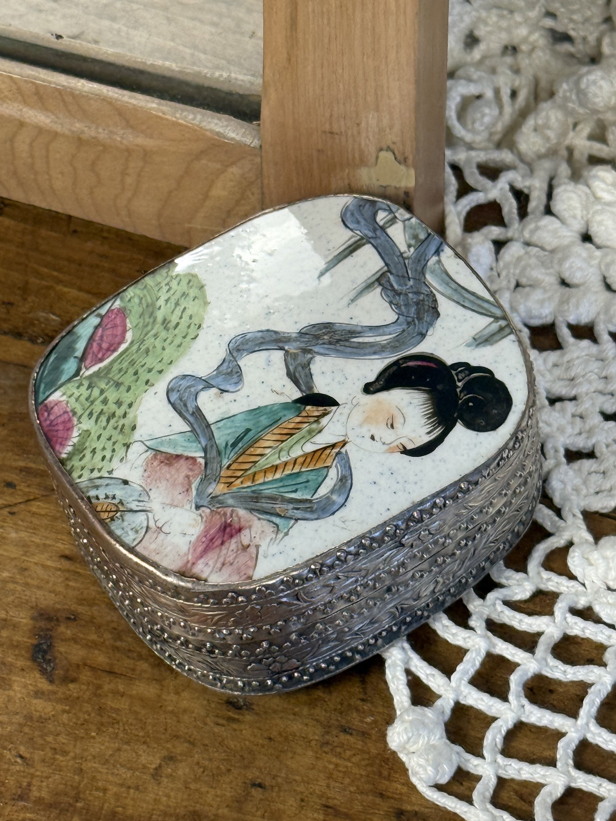 Hand-Painted Asian Ceramic & Metal Trinket Box