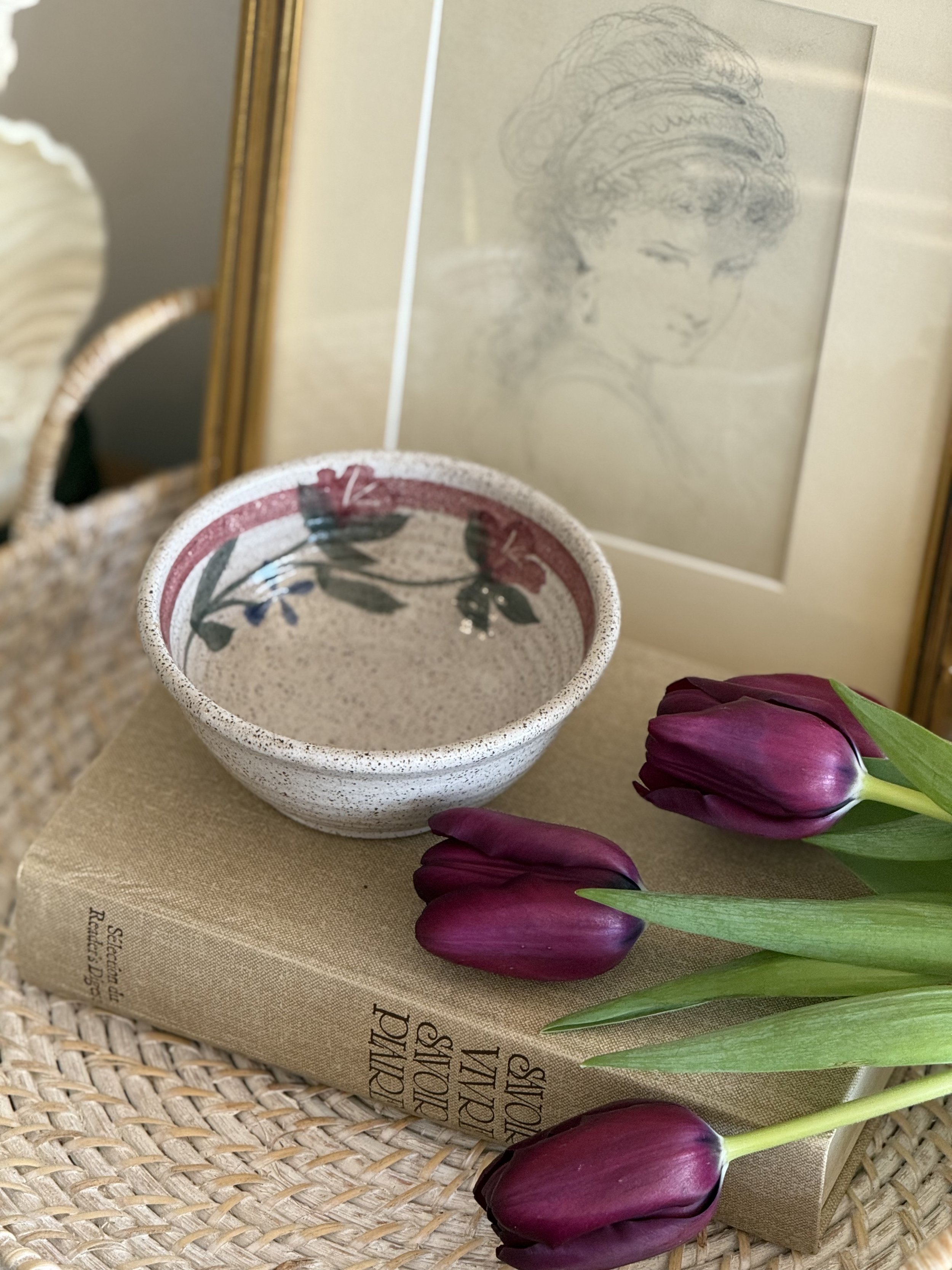 Vintage Speckled Studio Pottery Floral Bowl