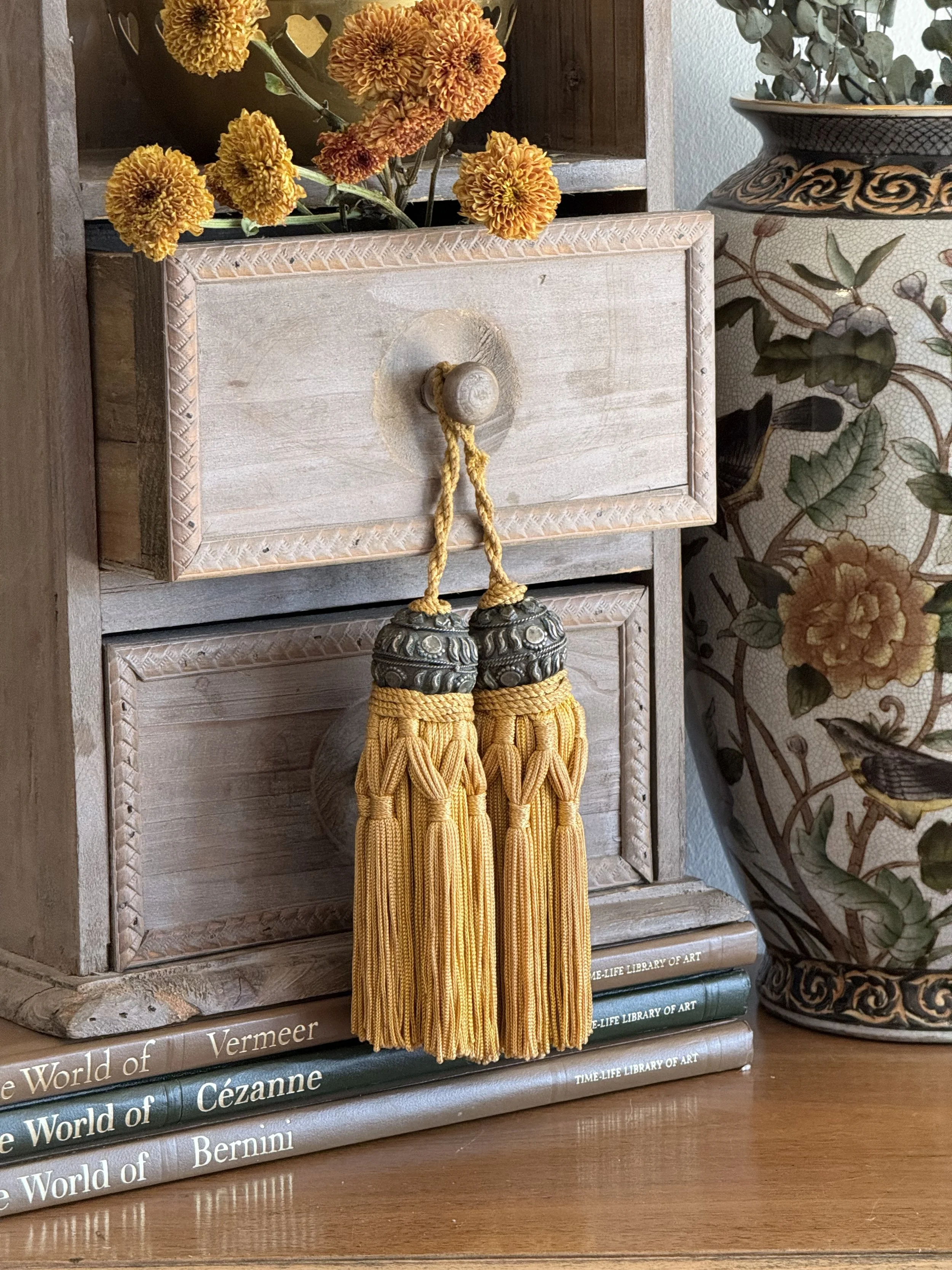 Vintage Spanish Passementerie Tassels with Ornate Metal Caps, Pair