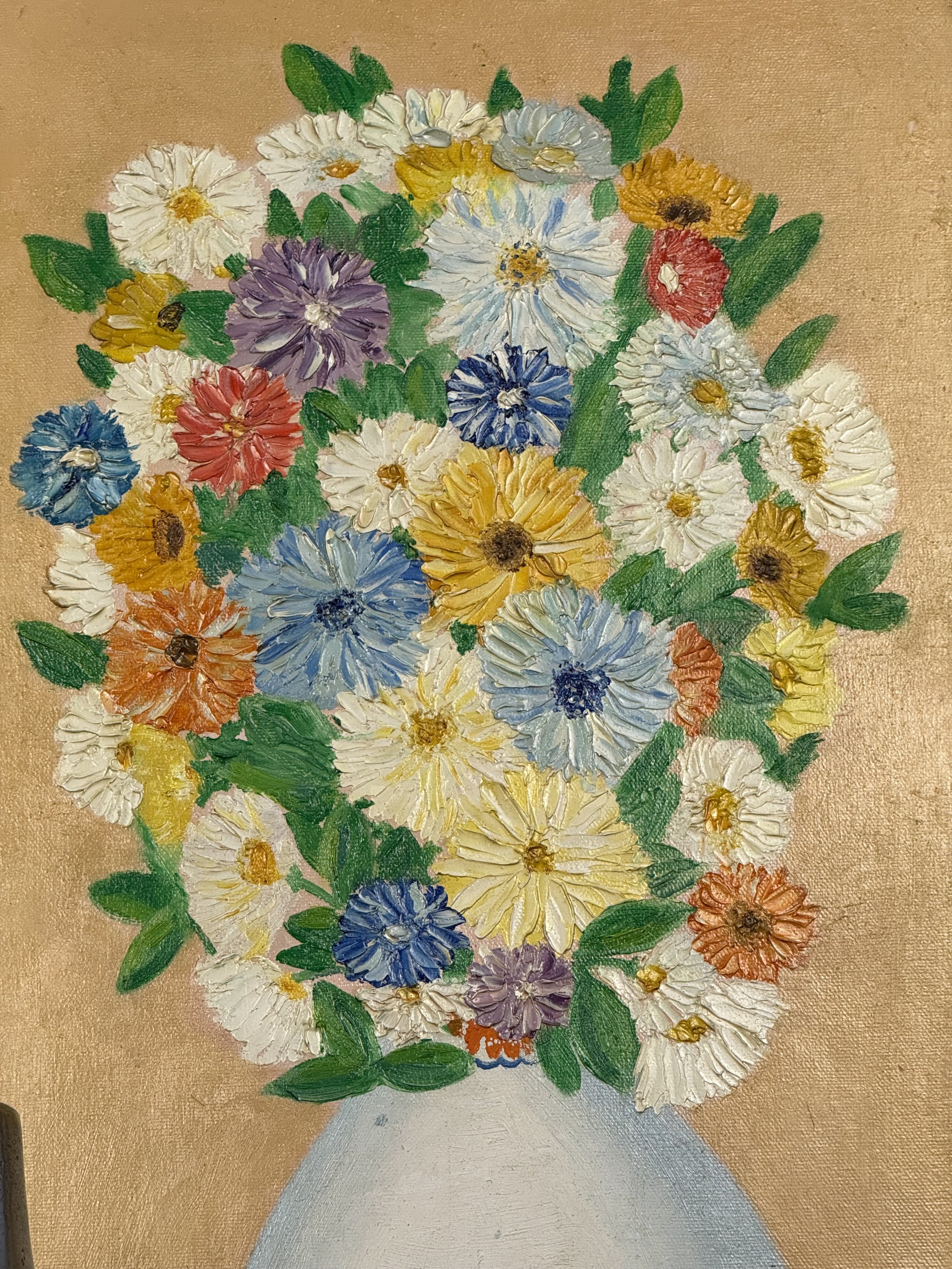Upper bouquet detail showing multicolored impasto flowers and naïve folk art brushwork from J.J. Martel’s 1996 oil painting