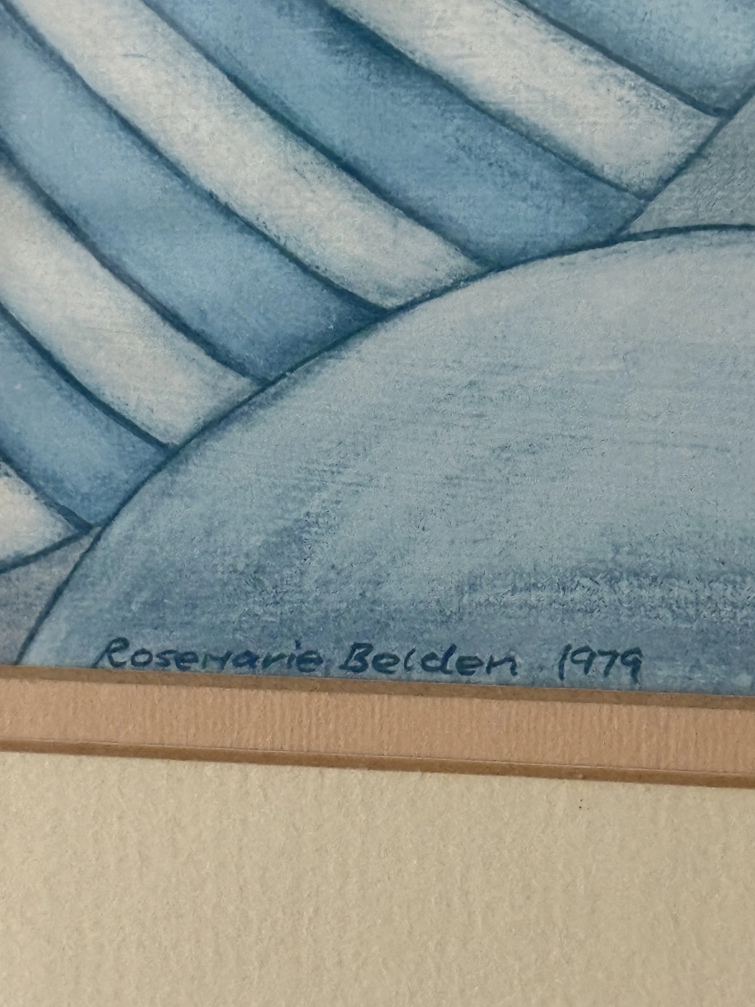 Close-up of artist signature and date 1979 on vintage folk art drawing, blue pigment on paper, visible texture and fine line work