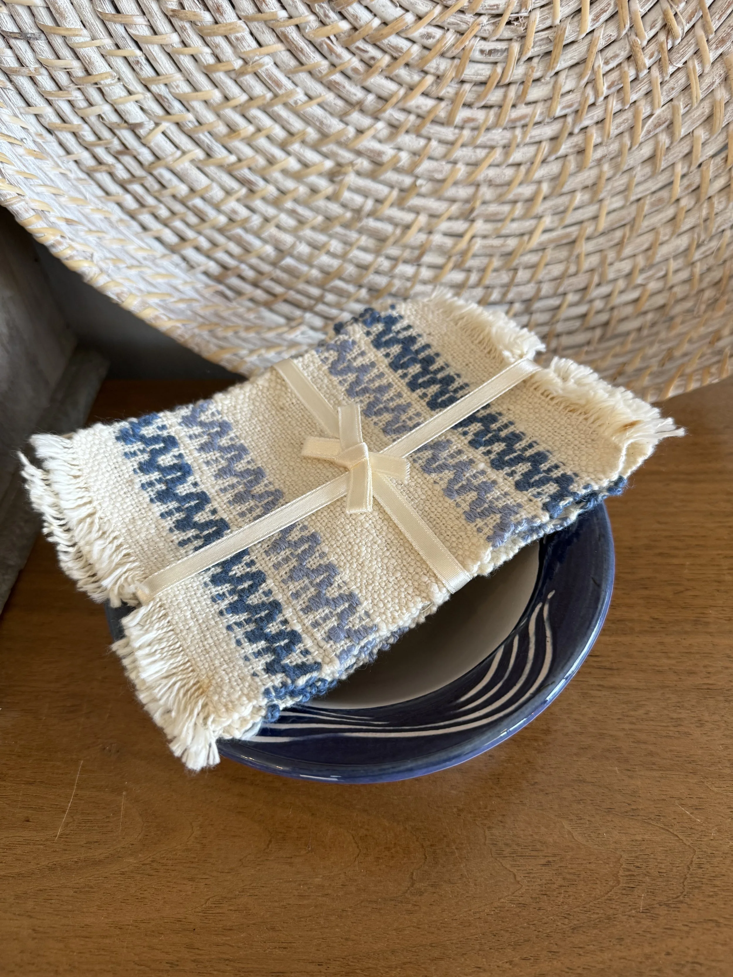 Vintage Blue and Cream Woven Cotton Coasters, Set of 4