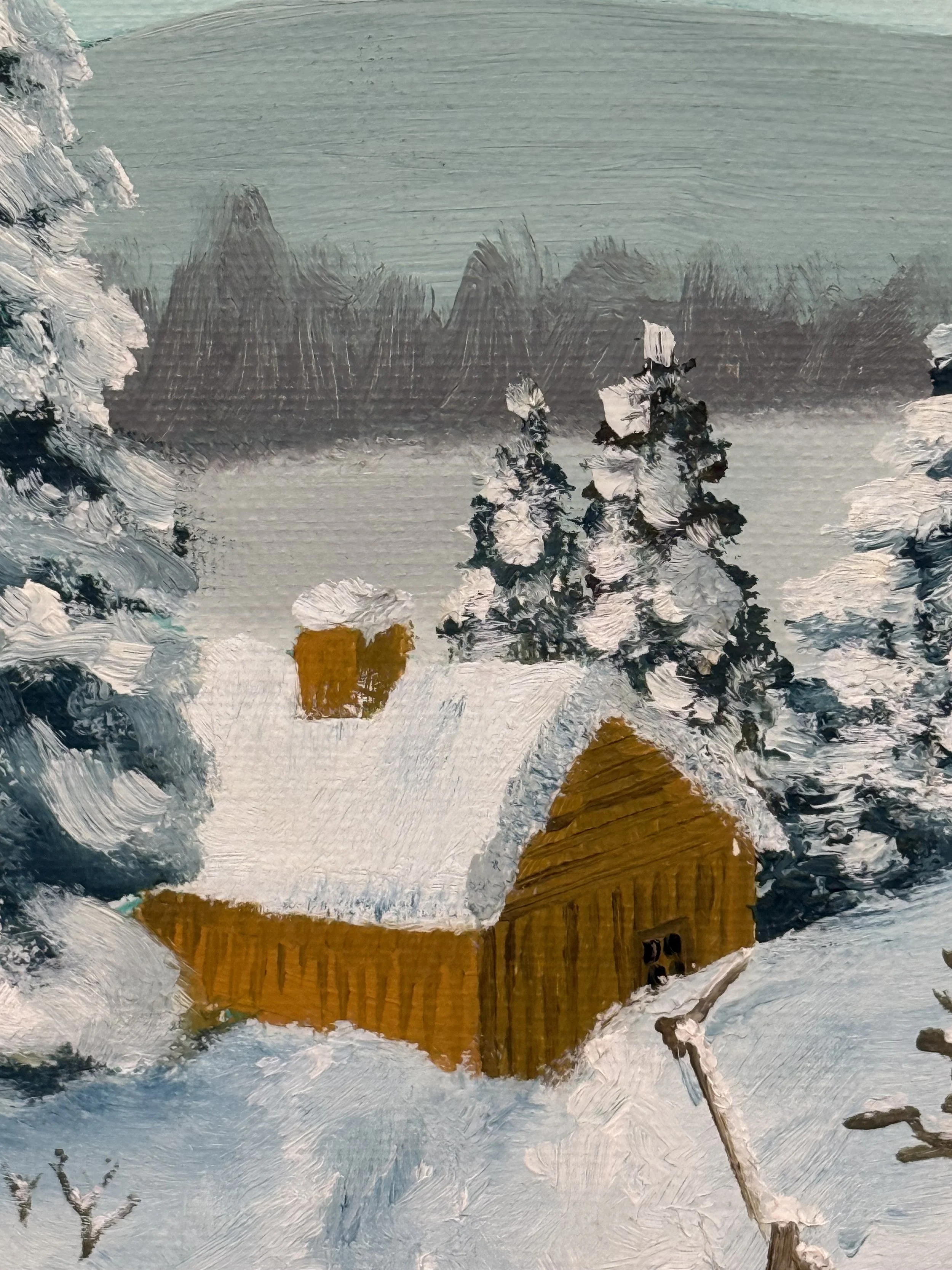 Close-up of snowy cabin and pine trees in winter landscape painting, textured brushwork and soft blue-green sky