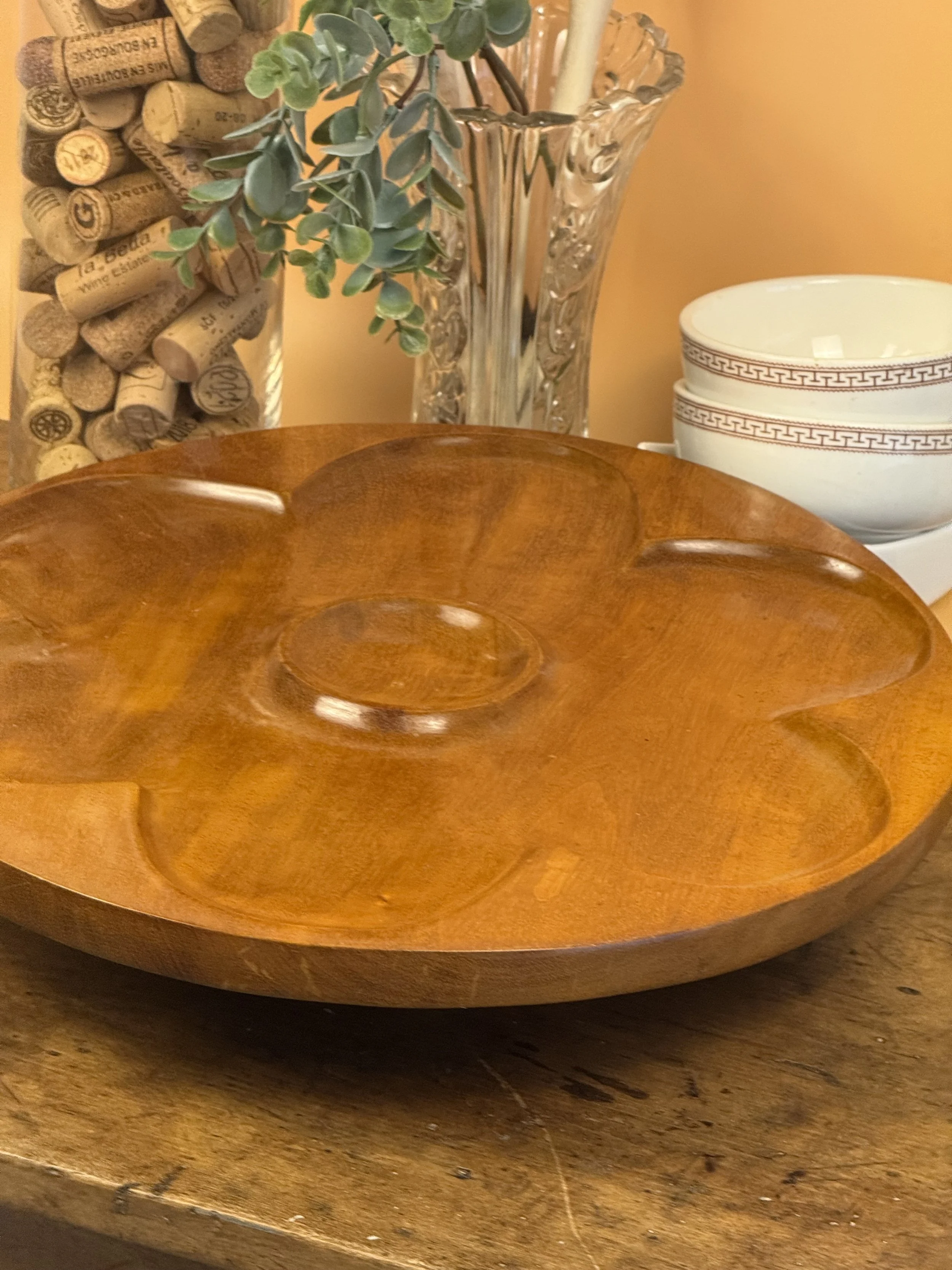Vintage Carved Wood Spinning Serving Tray