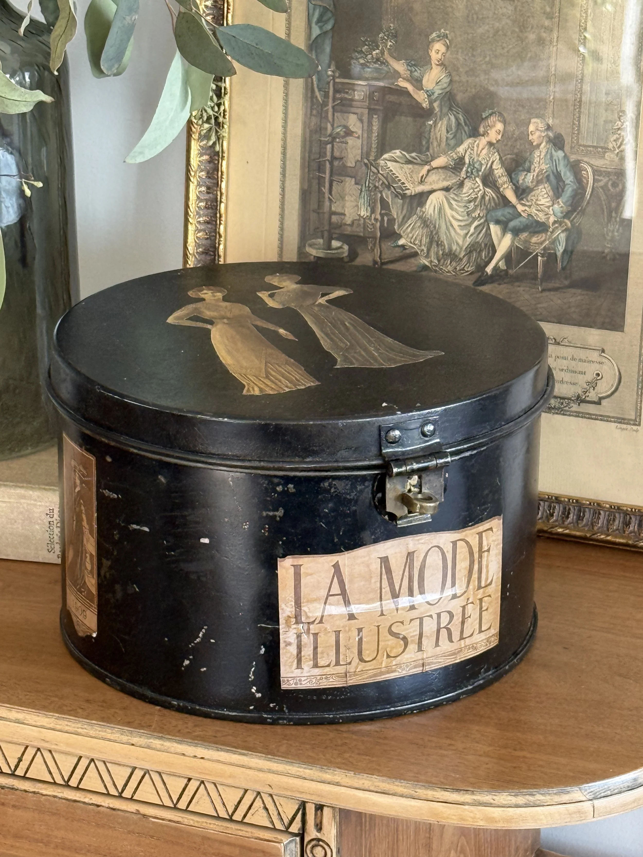 1930s–40s Metal Hat Box with Added Fashion Illustrations