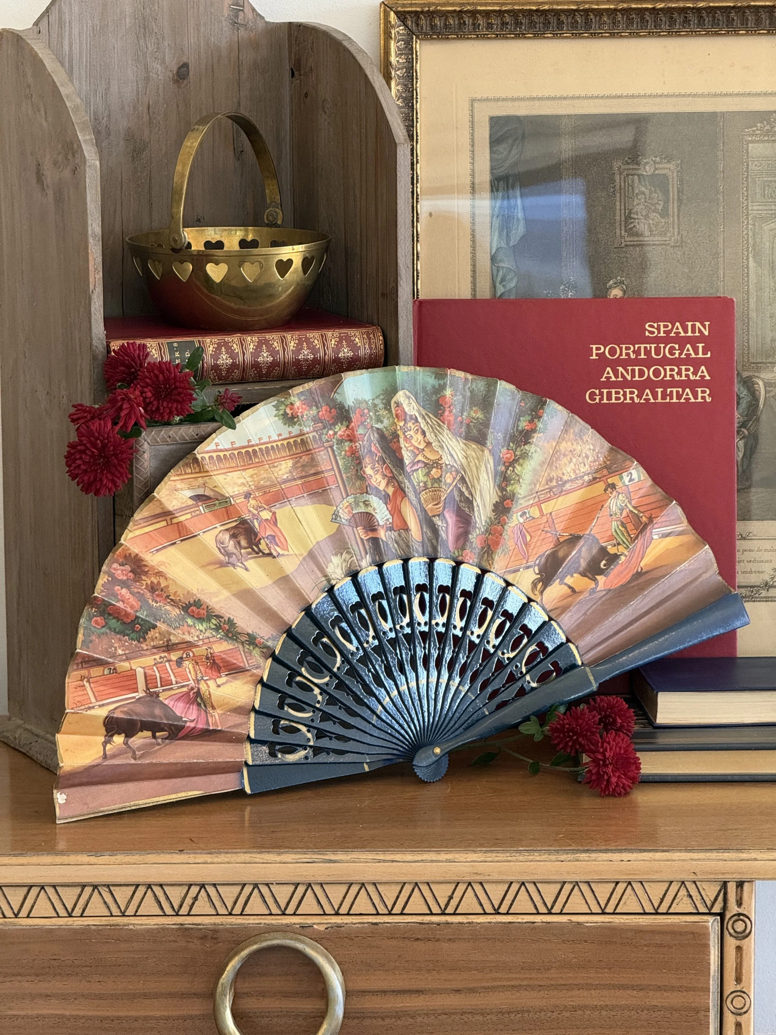 Vintage Spanish Folding Fan with Bullfight & Flamenco Scenes